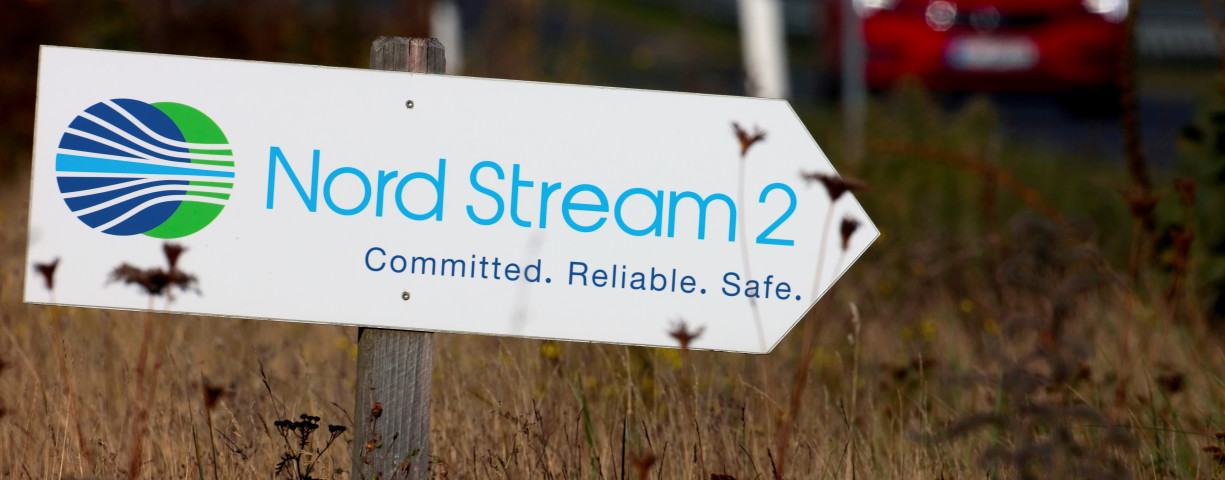  A road sign directs traffic towards the Nord Stream 2 gas line landfall facility entrance in Lubmin, Germany, September 10, 2020.