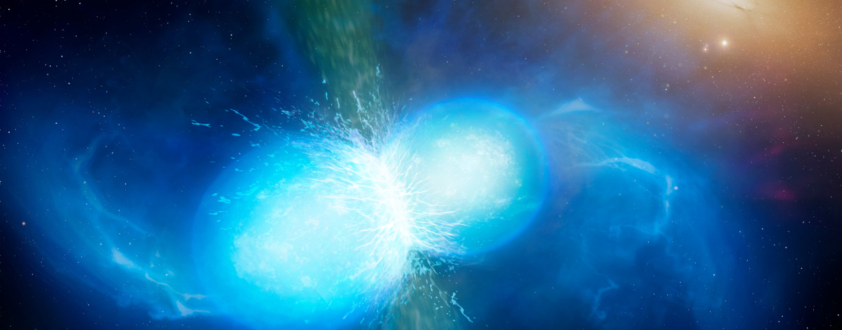 Artist's impression of neutron stars merging, producing gravitational waves and resulting in a kilonova