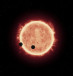  This artist's impression shows two Earth-sized worlds passing in front of their parent red dwarf star, which is much smaller and cooler than our Sun. The star and its orbiting planets TRAPPIST-1b and TRAPPIST-1c reside 40 light-years away.