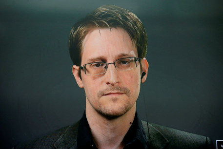 Edward Snowden speaks via video link during a news conference in New York City, U.S. September 14, 2016