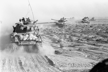  IDF 14th Brigade tanks advance on the Crimson Axis in the Sinai Desert, June 5, 1967.