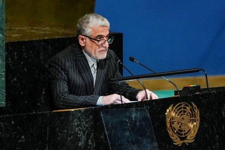  Iran’s Ambassador to the United Nations Amir Saeid Iravani speaks to delegates before a vote on a resolution recognizing Russia must be responsible for reparation in Ukraine at the United Nations Headquarters in New York, US, November 14, 2022