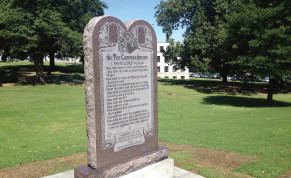STATUE of the Ten Commandments is seen after it was installed on the grounds of the state Capitol in Little Rock, Arkansas in June.