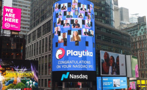 Playtika logo projected in times square during the IPO opening ceremony in New York