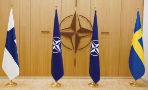  THE FLAGS of Finland, NATO and Sweden are seen during a ceremony in Brussels earlier this week to mark the countries’ application for membership into the North Atlantic Treaty Organization. 