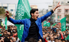  A Palestinian Hamas supporter attends a protest to support Al-Aqsa mosque, in the northern Gaza Strip April 22, 2022.