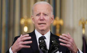 US President Joe Biden responds to a question about Ukraine during an event to announce his budget proposal for fiscal year 2023, in the State Dining Room at the White House in Washington, US, March 28, 2022.