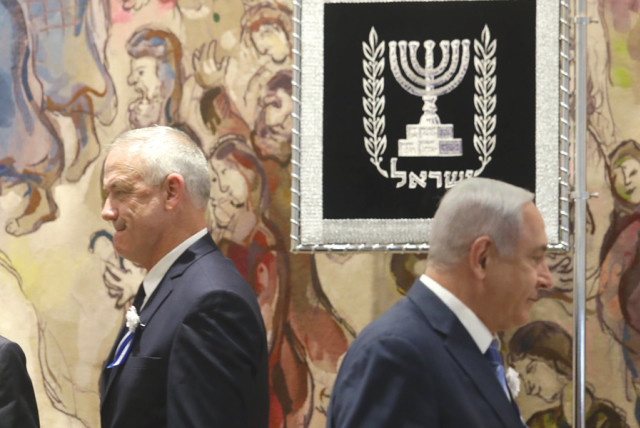Tension was evident between Blue and White leader Benny Gantz and Prime Minister Benjamin Netanyahu at the opening of the Knesset’s new session on April 30 (photo credit: MARC ISRAEL SELLEM)