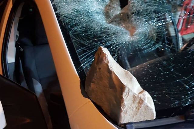 Israeli car hit by stones thrown by Palestinians, March 23, 2020 (photo credit: IDF SPOKESMAN’S UNIT)