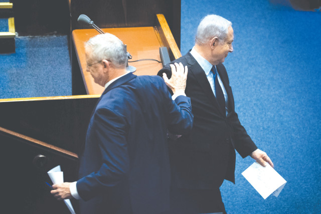 BENJAMIN NETANYAHU and Benny Gantz at a Knesset memorial ceremony for slain prime minister Yitzhak Rabin, last year (photo credit: YONATAN SINDEL/FLASH90)