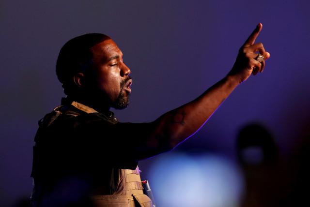Rapper Kanye West makes a point as he holds his first rally in support of his presidential bid in North Charleston, South Carolina, US July 19, 2020. (photo credit: RANDALL HILL/REUTERS)