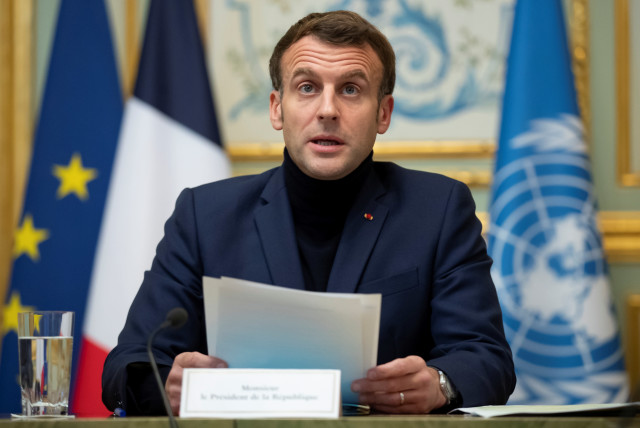 FRENCH PRESIDENT Emmanuel Macron speaks during a video conference with international partners to discuss humanitarian aid for financially-strapped Lebanon, in Paris on December 2. (photo credit: IAN LANGSDON/POOL VIA REUTERS)