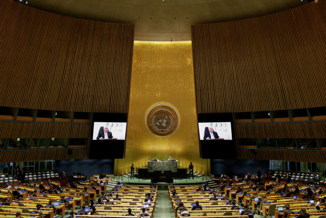  Palestinian Authority President Mahmoud Abbas delivers a speech remotely to the UN General Assembly on September 24, 2021. (photo credit: JOHN ANGELILLO/POOL/REUTERS)