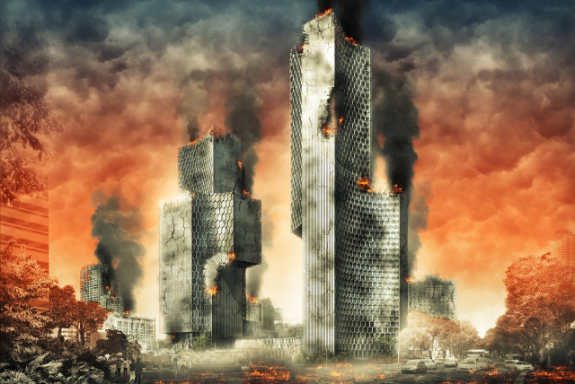  A city is seen burning in an artistic imagining of a man-made apocalypse. With the Doomsday Clock at 100 seconds to midnight, could this happen soon? (photo credit: PIXABAY)