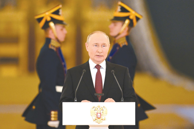  RUSSIAN PRESIDENT Vladimir Putin delivers a speech during a ceremony to receive letters of credence from newly appointed foreign ambassadors, at the Kremlin on Tuesday.  (photo credit: SPUTNIK/REUTERS)