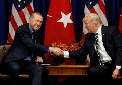 U.S. President Donald Trump meets with President Recep Tayyip Erdogan of Turkey during the U.N. General Assembly in New York, U.S., Septembe (photo credit: KEVIN LAMARQUE)