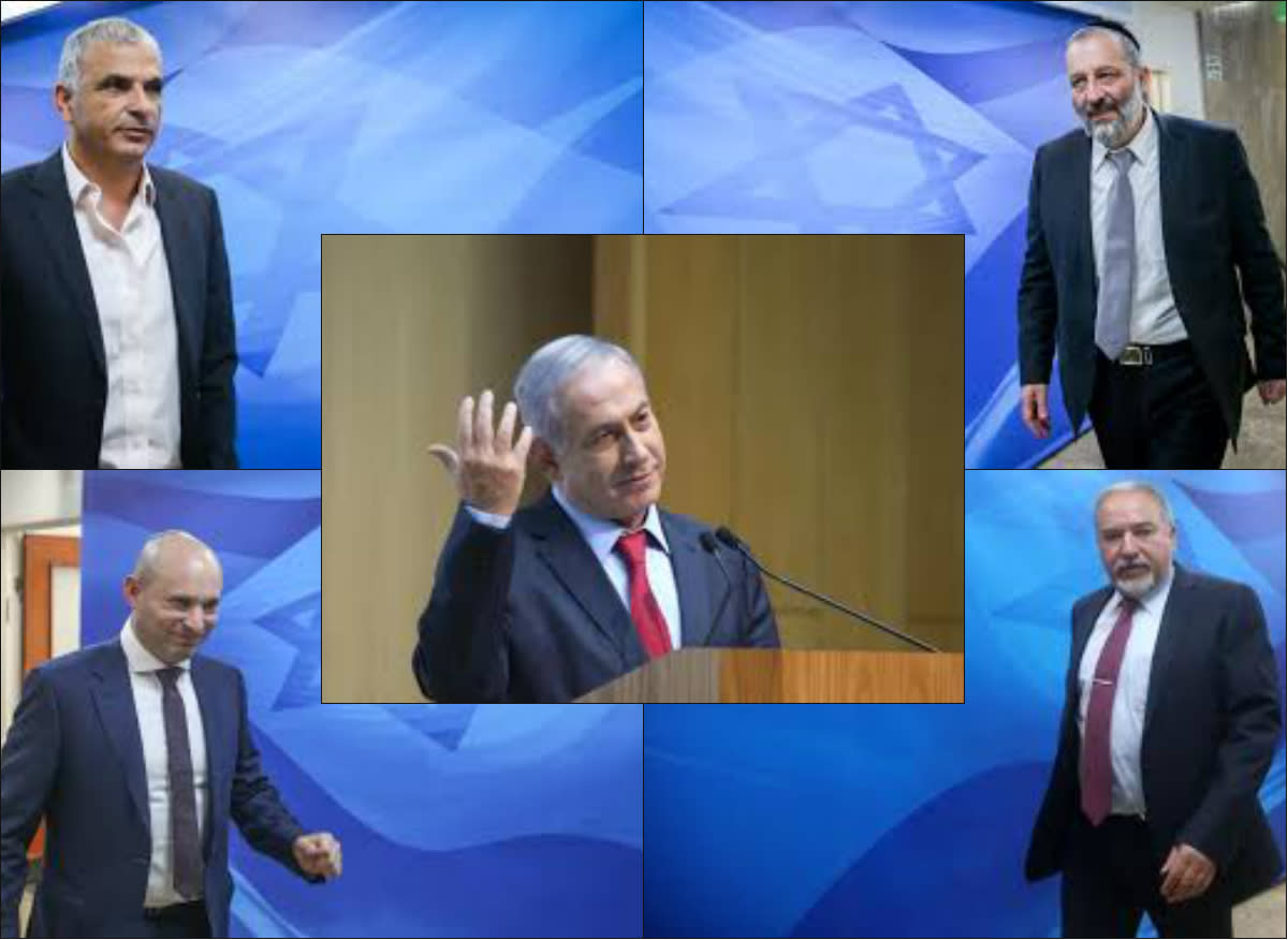 PM Netanyahu surrounded by coalition party leaders Moshe Kahlon, Avigdor Liberman, Aryeh Deri and Naftali Bennett (GPO Archives)
