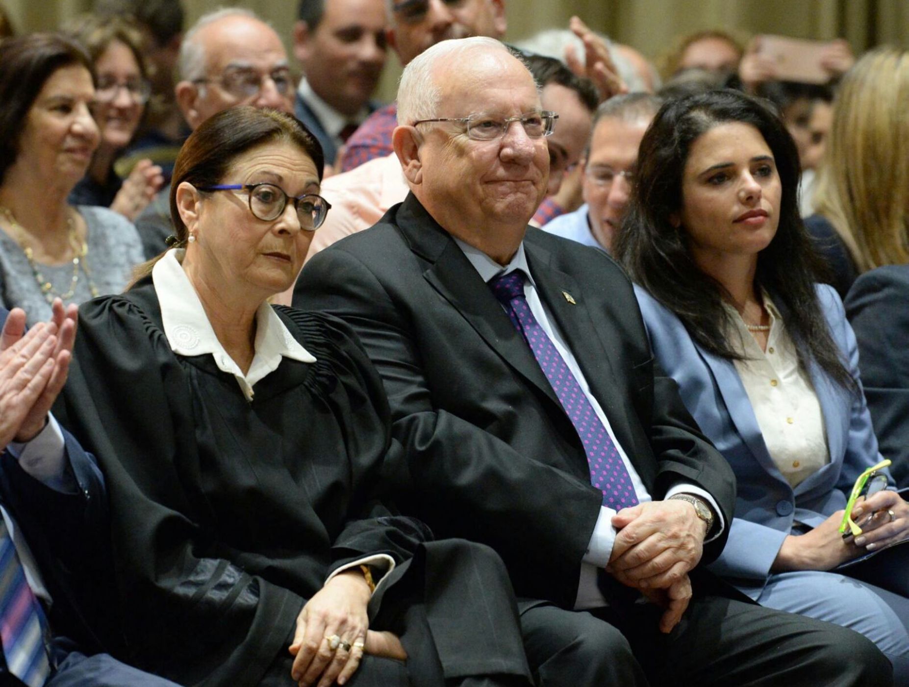 Supreme Court President Esther Hayut (L), President Reuven Rivlin (C), Justice Minister Ayelet Shaked (R) at the President's Residence, May 7, 2018 (PRESIDENTIAL SPOKESPERSON OFFICE)