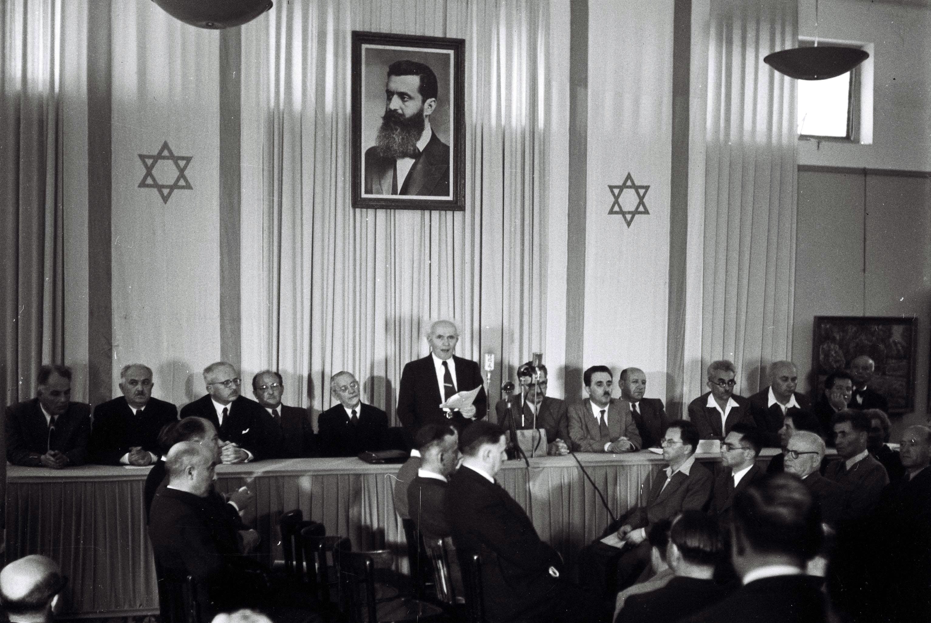 Prime Minister David Ben-Gurion declares Israel an independent state in Tel Aviv on May 14, 1948 (Zoltan Kluger)
