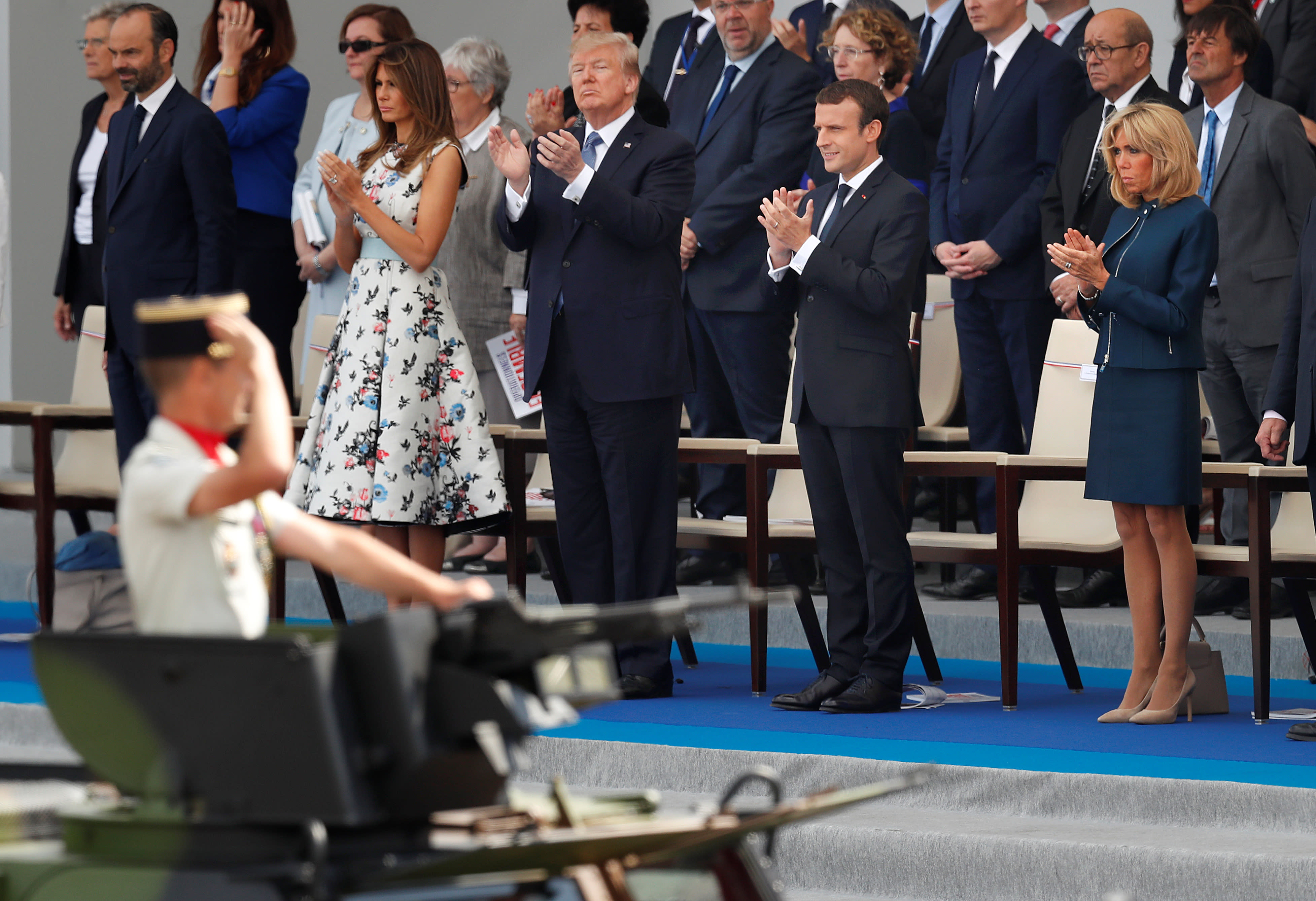 French President Emmanuel Macron, his wife Brigitte Macron, U.S. President Donald Trump and First Lady Melania Trump attend the traditional Bastille Day military parade on the Champs-Elysees in Paris, France, July 14, 2017. (Reuters)