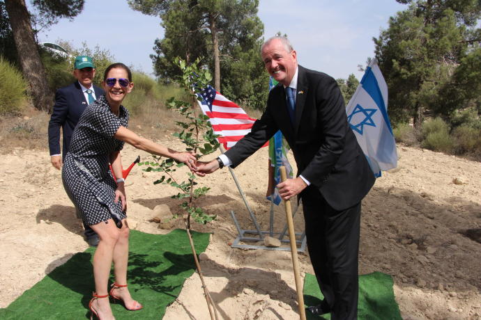 New Jersey Governor Phil Murphy and his wife Tammy with their newly planted tree in Yad KennedyKKL-JNF