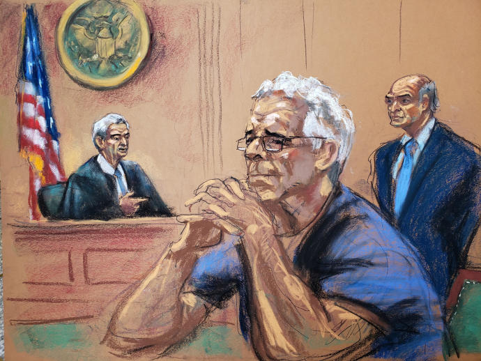Jeffrey Epstein looks on during a status hearing in his sex trafficking case, in this court sketch in New YorkREUTERS/JANE ROSENBERG