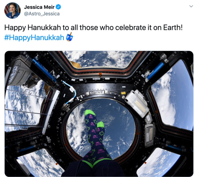 Hanukkah greetings from astronaut Jessica Meir's Twitter account.TWITTER SCREENSHOT