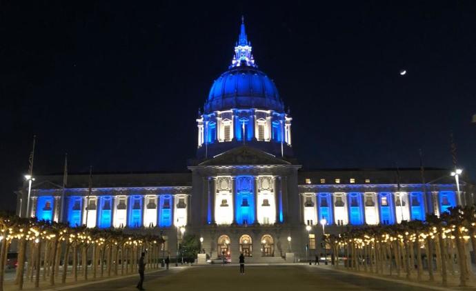 San Francisco, USA city hall illuminated in blue and white for Israel's 73rd Independence Day April 15, 2021.FOREIGN MINISTRY
