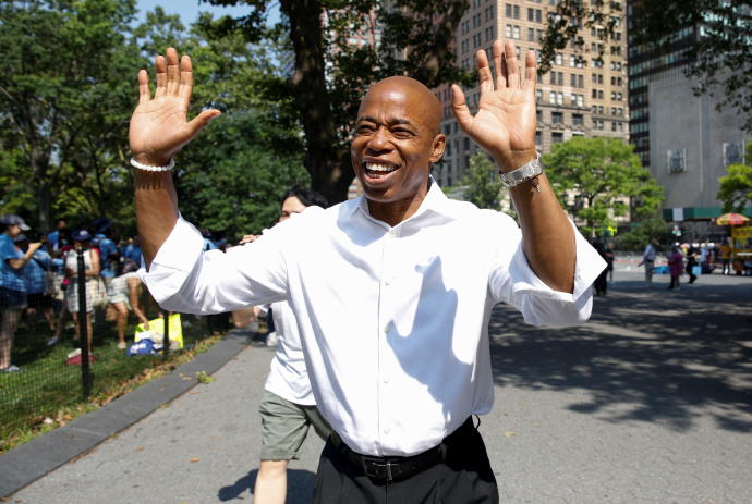 Democratic candidate for New York City Mayor, gestures as people gather for the Hometown Heroes ticker tape parade, to honor essential workers for their work during the outbreak of the coronavirus disease (COVID-19), up New York City's 