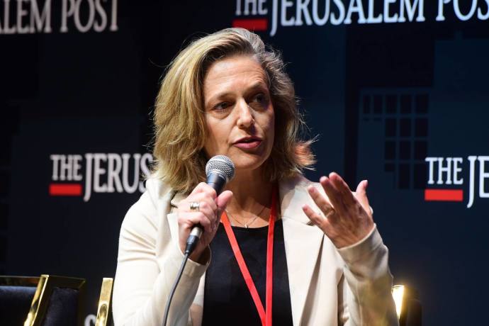 Israel's head of public health Dr. Sharon Alroy-Preis is seen speaking at the Jerusalem Post annual conference at the Museum of Tolerance in Jerusalem, on October 12, 2021 (Credit: AVSHALOM SASSONI/MAARIV)