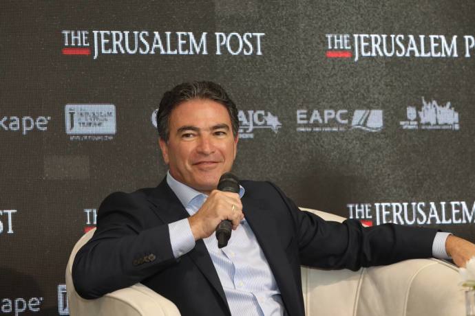 Former Mossad head Yossi Cohen is seen speaking at the Jerusalem Post annual conference at the Museum of Tolerance in Jerusalem, on October 12, 2021 (Credit: MARC ISRAEL SELLEM)