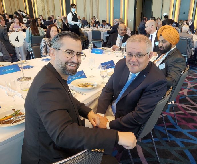 WITH AUSTRALIAN Prime Minister Scott Morrison at annual 2021 budget lunch in Sydney (Credit: Neishlos Foundation) 