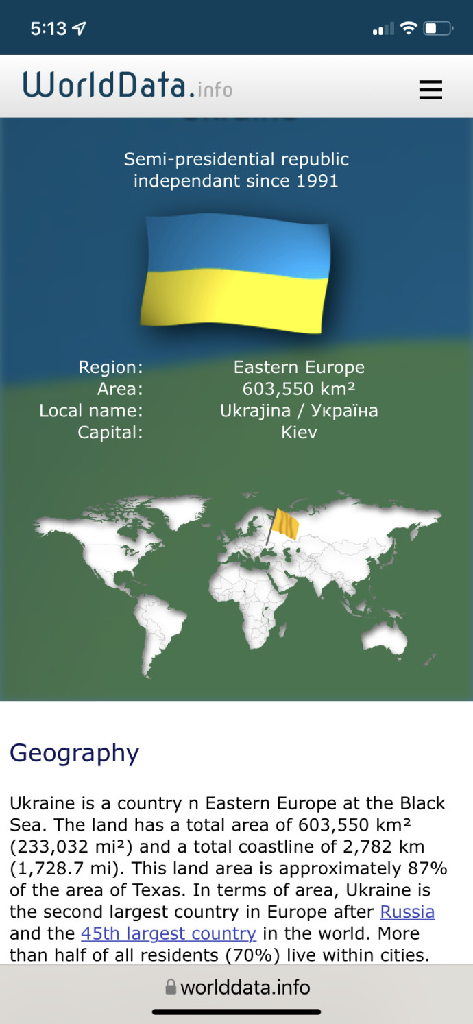 Ukraine has a land mass of exactly 603,550 square kilometers (Credit: Screenshot from WorldData.info)