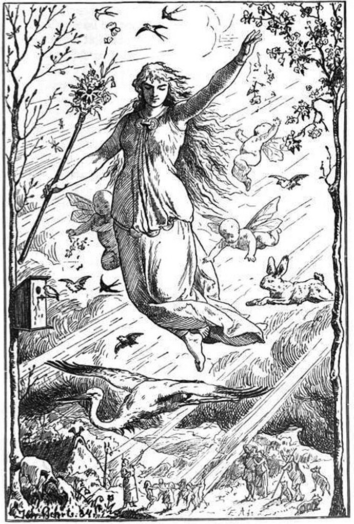‘Ostara’ by Johannes Gehrts, created in 1884. The goddess Ēostre flies through the heavens surrounded by Roman-inspired putti, beams of light, and animals. Felix Dahn, Therese Dahn, Therese (von Droste-Hülshoff) Dahn, Frau, Therese von Droste-Hülshoff Dahn (1901) (Credit: Wikimedia Commons)