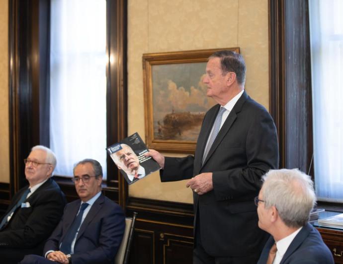 Ahmed Charai: Publisher and Chairman of JST, John J. Hamre: President of CSIS in Washington, Robert Silverman: Executive Editor of JST and General James L. Jones, presents current issue of the Jerusalem Strategic Tribune, (Credit: JST)