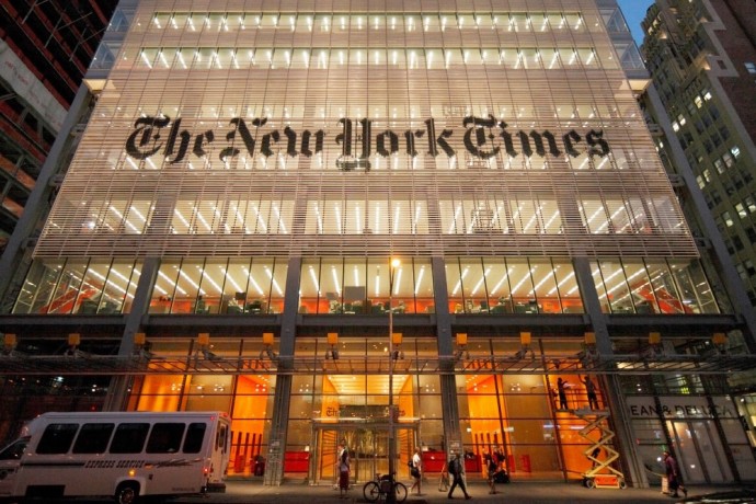 Headquarters of the New York Times in Manhattan, which has thus far only been the site of anti-Israel demonstrations. Where is the New York Jewish community? (Credit: COURTESY OF GENESIS PRIZE)