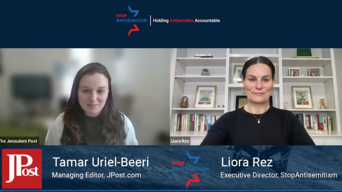 Tamar Uriel-Beeri, managing editor of Jpost.com speaks to Liora Rez, Executive Director of StopAntisemitism (Credit: JERUSALEM POST)