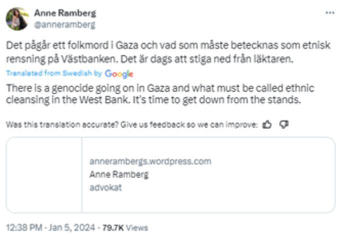 Anne Ramberg sits on the board of The Raoul Wallenberg Institute in Sweden (RWI), which is part of the UN’s “Independent Review” of UNRWA. (Credit: SCREENSHOT/X)