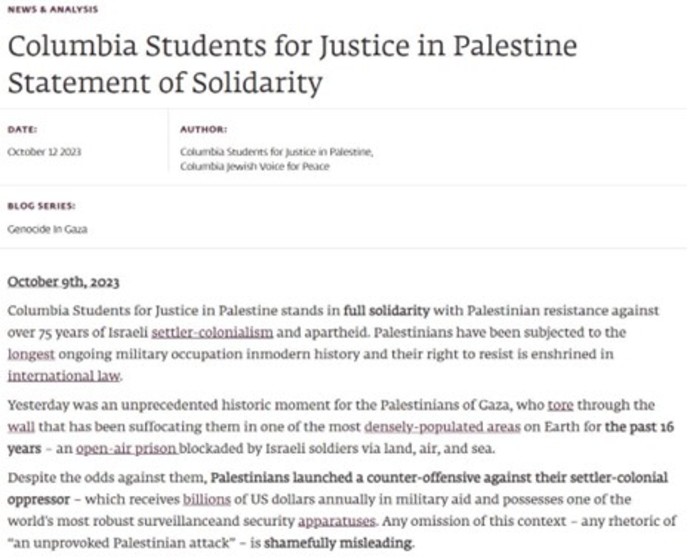 Full solidarity with Palestinian resistance,” Columbia SJP and Columbia JVP’s statement of support for Hamas’ October 7th Massacre (Credit: TWITTER)