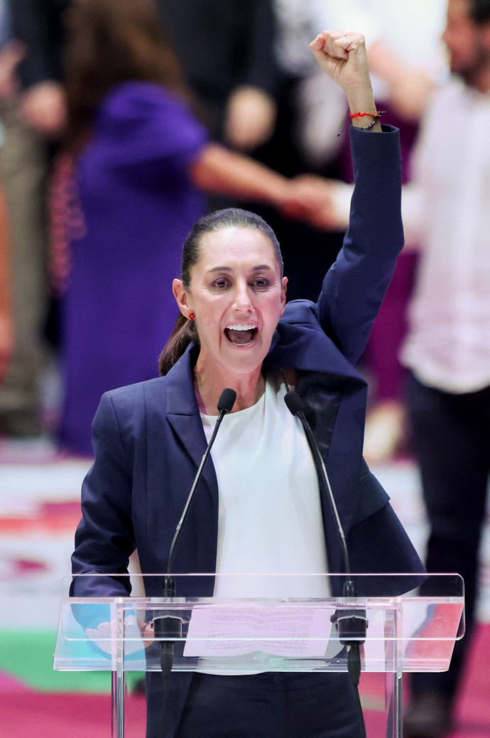 President-elect Claudia Sheinbaum gestures during a celebration after Clara Brugada received the certificate of majority that accredits her as mayor-elect of Mexico City, in Mexico June 8, 2024. (Credit: REUTERS/Luis Cortes)