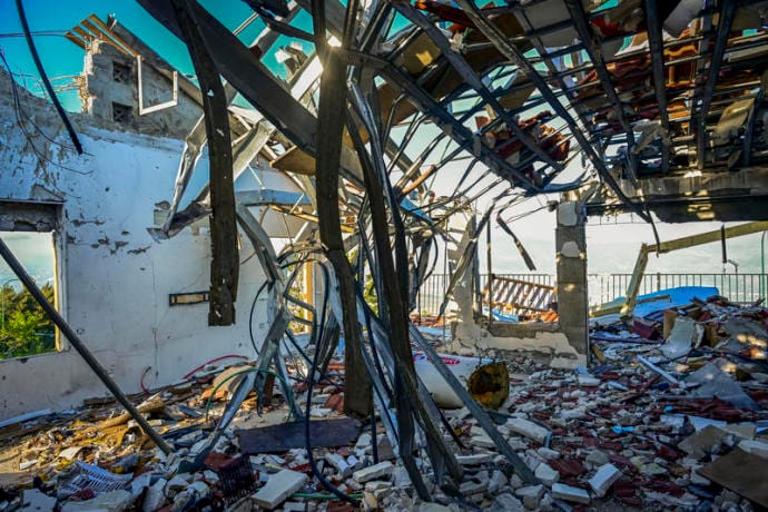 A view of a house damaged by a missile fired by Hezbollah from Lebanon in Misgav Am in northern Israel, May 1, 2026.
