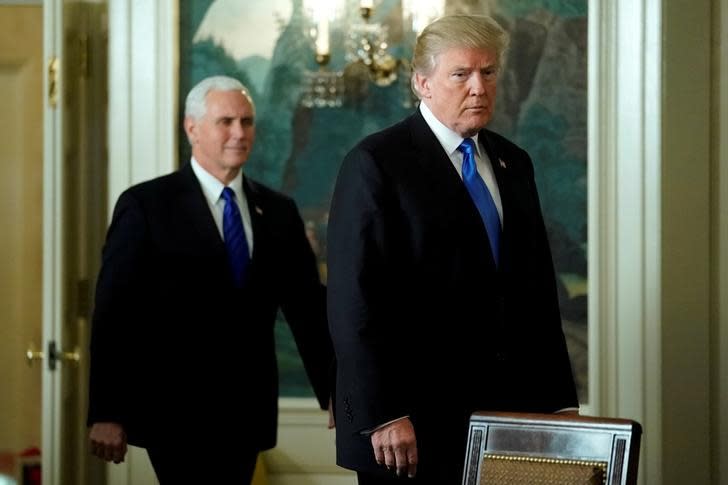 US President Donald Trump and Vice President Mike Pence arrive for Trump to deliver remarks recognizing Jerusalem as the capital of Israel at the White House in Washington, US December 6, 2017 (Reuters)
