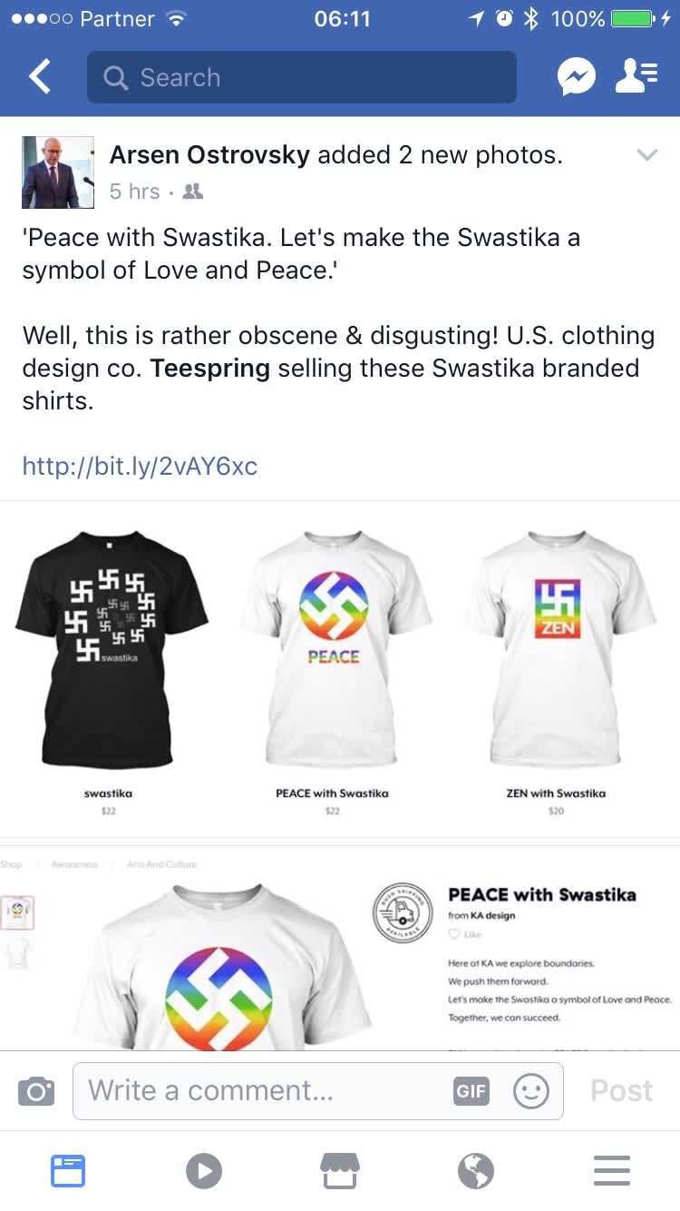  Arsen Ostrovsky posts on Facebook against the "Peace with swastika" shirts. (Screen Capture)
