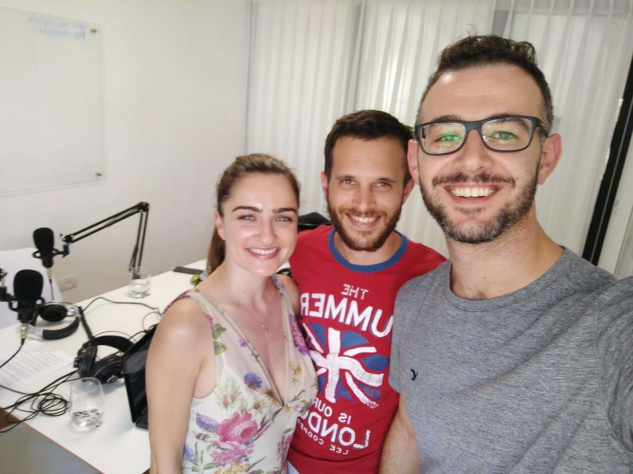 Actress Ania Bukstein in the studio with the Two Nice Jewish Boys guys. (Credit: Courtesy)