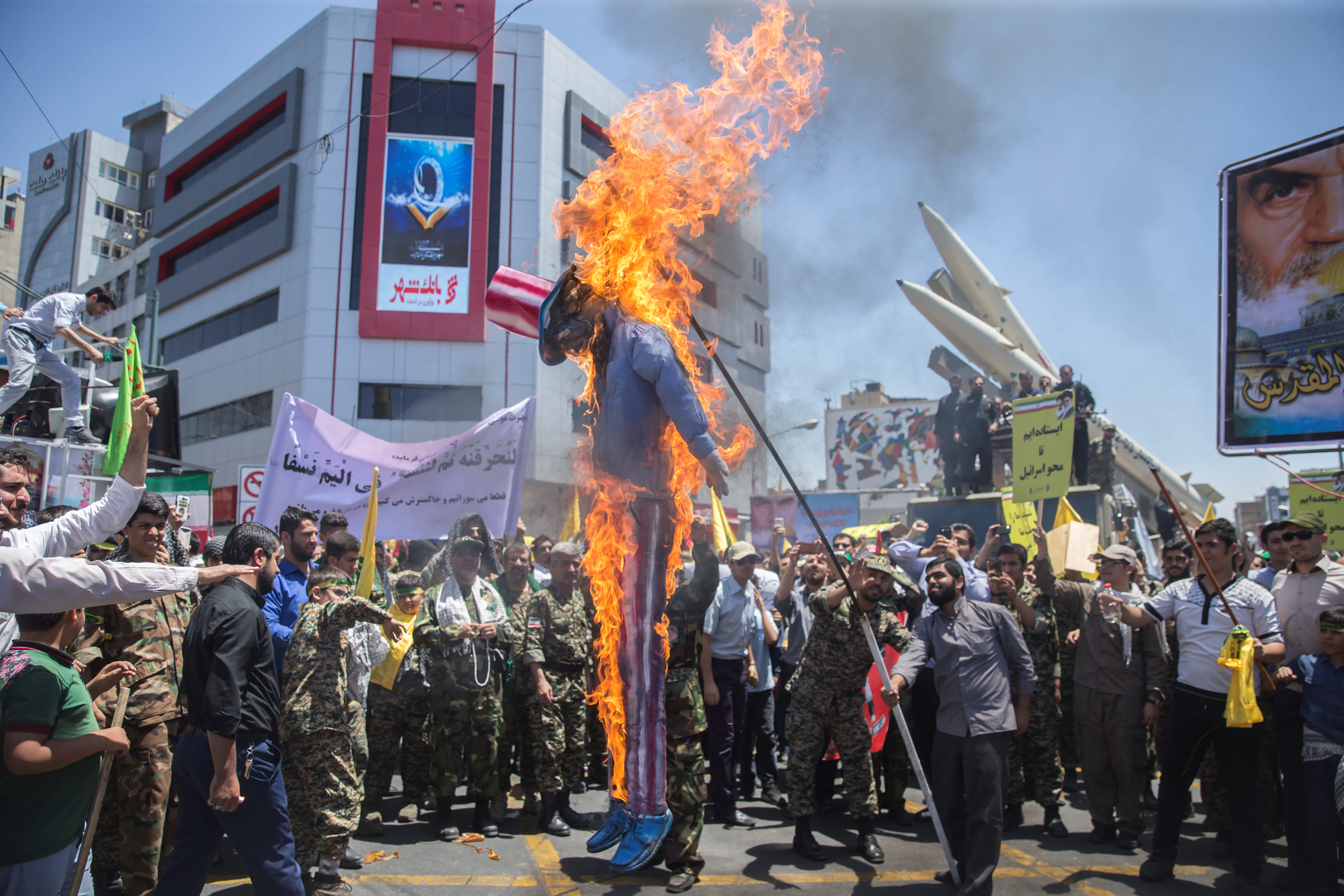 A scarecrow model is set on fire by Iranian demonstratorson during the annual pro-Palestinian rally marking Al-Quds Day in Tehran, Iran, June 23, 2017. NAZANIN TABATABAEE YAZDI/ TIMA VIA REUTERS