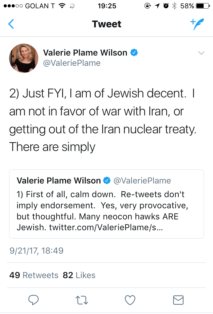 Valerie Plame Wilson's antisemitic rant on Twitter (credit: screenshot)
