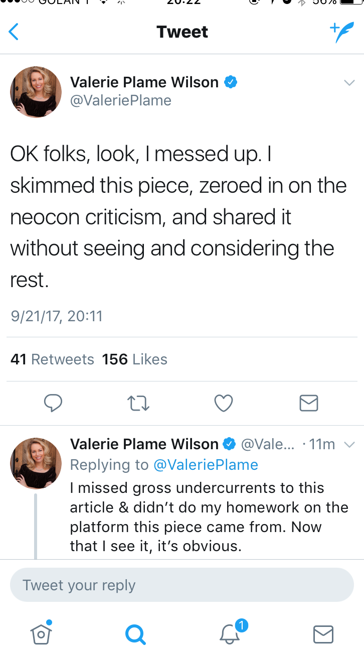Valerie Plame Wilson apologizes on Twitter (credit: screenshot)