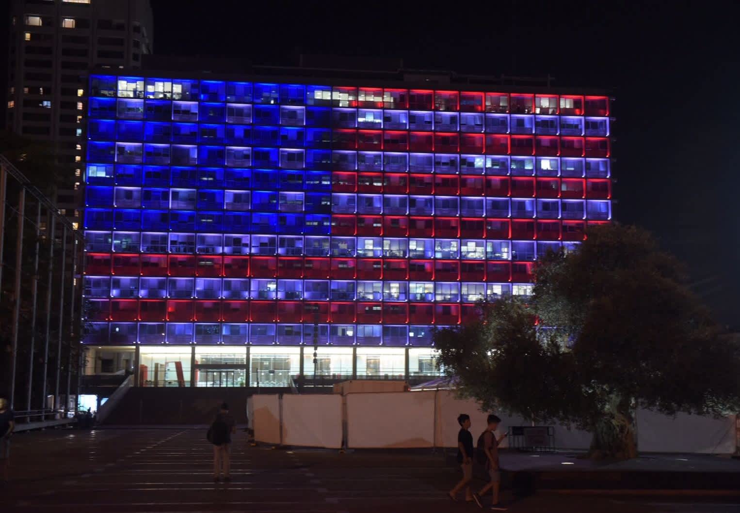 The Tel Aviv-Yafo municipality building wears the colors of the American flag in a show of solidarity with Americans reeling from the Las Vegas shooting. 