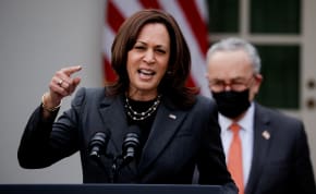 US Vice President Kamala Harris speaks about the $1.9 trillion "American Rescue Plan Act" as Senate Majority Leader Chuck Schumer (D-NY) listens during an event to celebrate the legislation in the Rose Garden at the White House in Washington, US, March 12, 2021. 