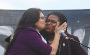  US REP. Rashida Tlaib (left) kisses Rep. Cori Bush as they take part in a protest outside the US Capitol in Washington last month, calling for a ceasefire in Gaza. 